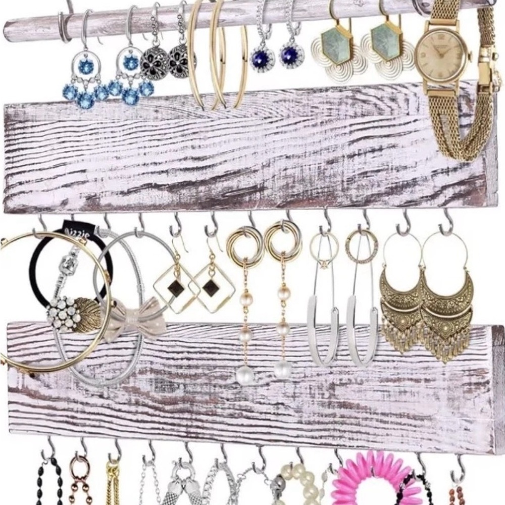 - Set of Three Rustic Wood & Gold Tone Metal Jewelry Organizer NEW in Box
